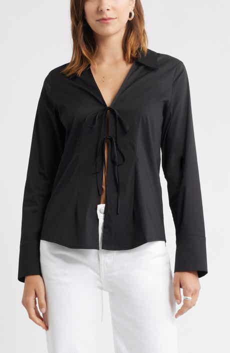 Open Edit Tie Front Cotton Blend Poplin Shirt