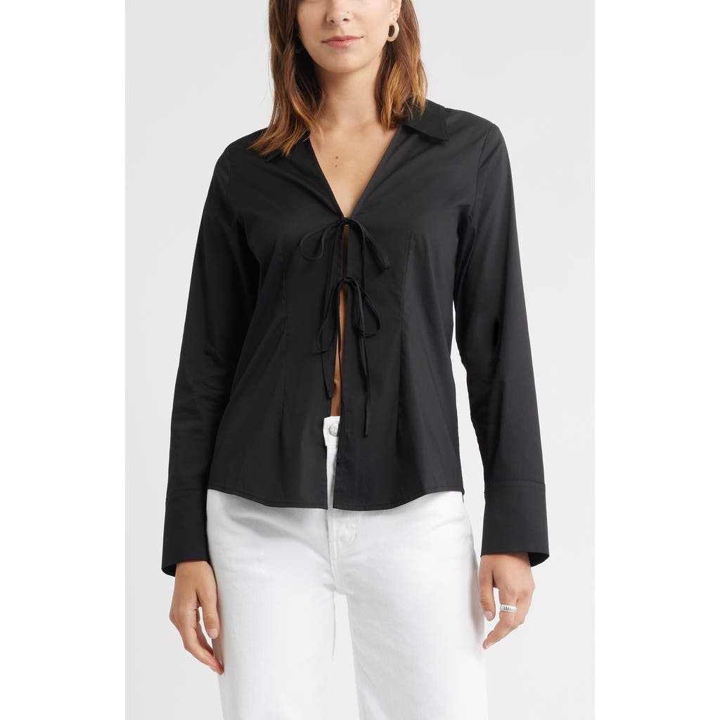 Open Edit Tie Front Cotton Blend Poplin Shirt In Black