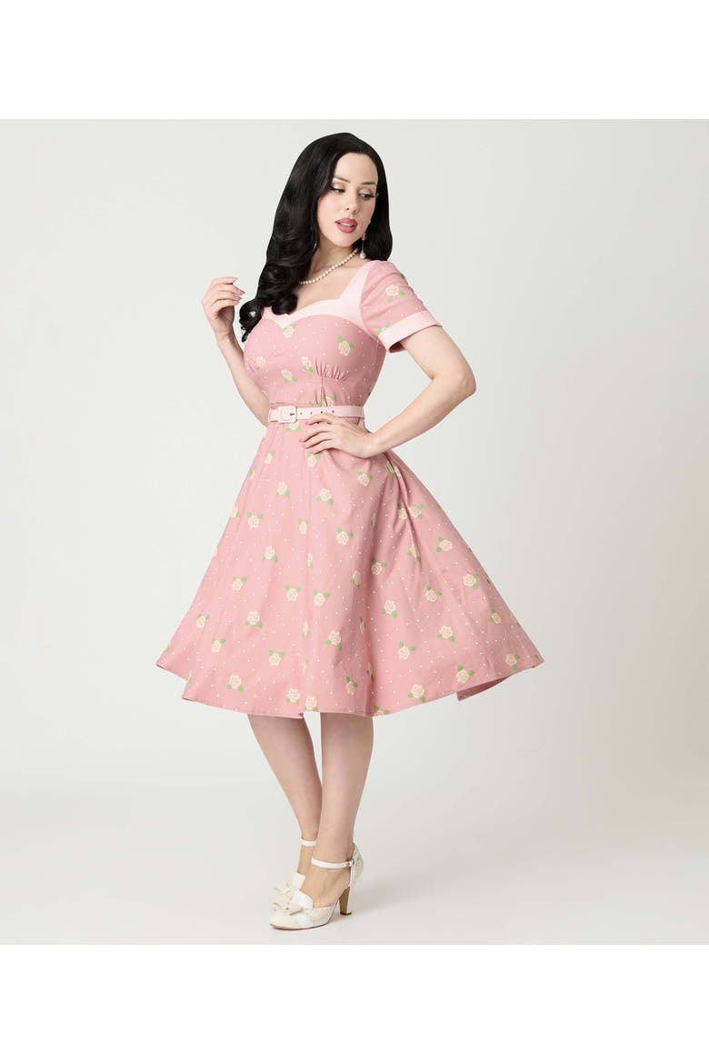 1950s Sweetheart Neckline Swing Dress, Alternate, color, Light Pink Roses Print