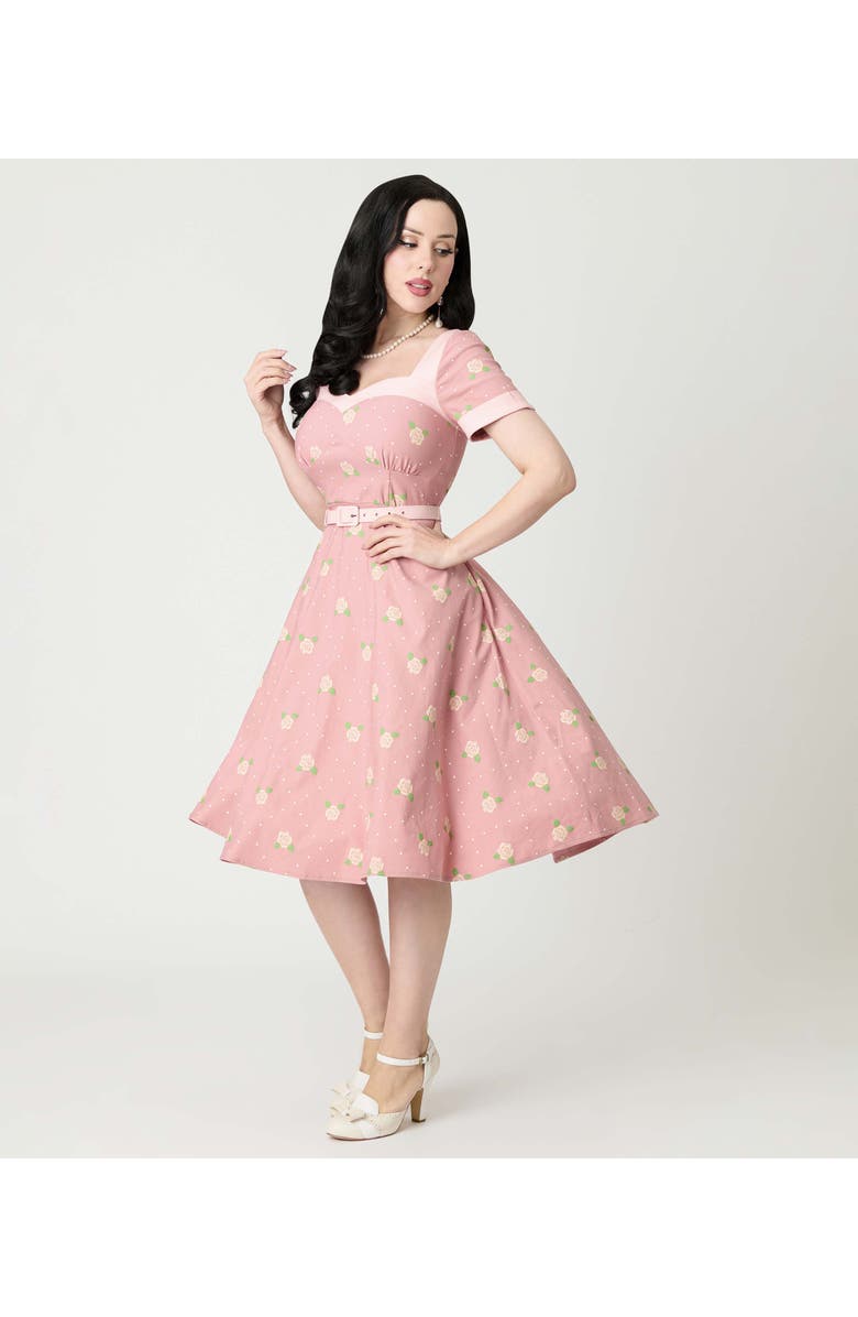 Unique Vintage 1950s Sweetheart Neckline Swing Dress, Alternate, color, Light Pink Roses Print