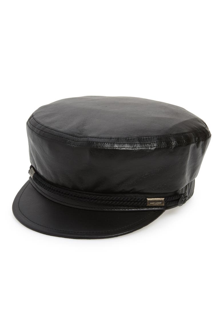 Leather Baker Boy Hat, Main, color, BLACK