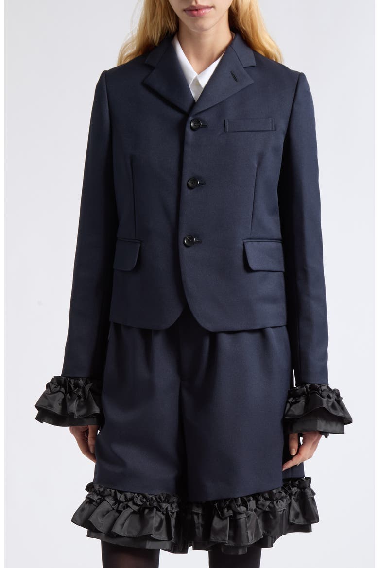 Ruffle Cuff Gabardine Blazer, Alternate, color, NAVY X BLACK
