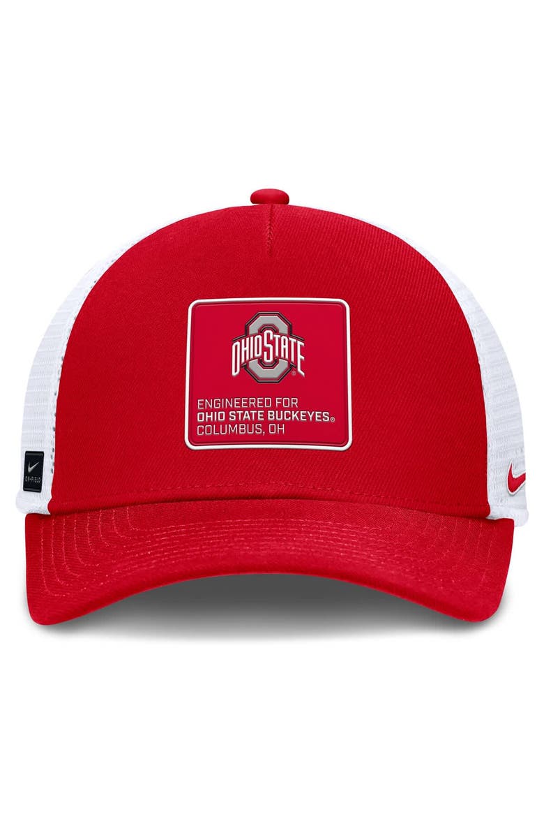 Nike Men's Nike Scarlet/White Ohio State Buckeyes 2025 On-Field Rise Engineered Trucker Adjustable Hat, Alternate, color, Scarlet