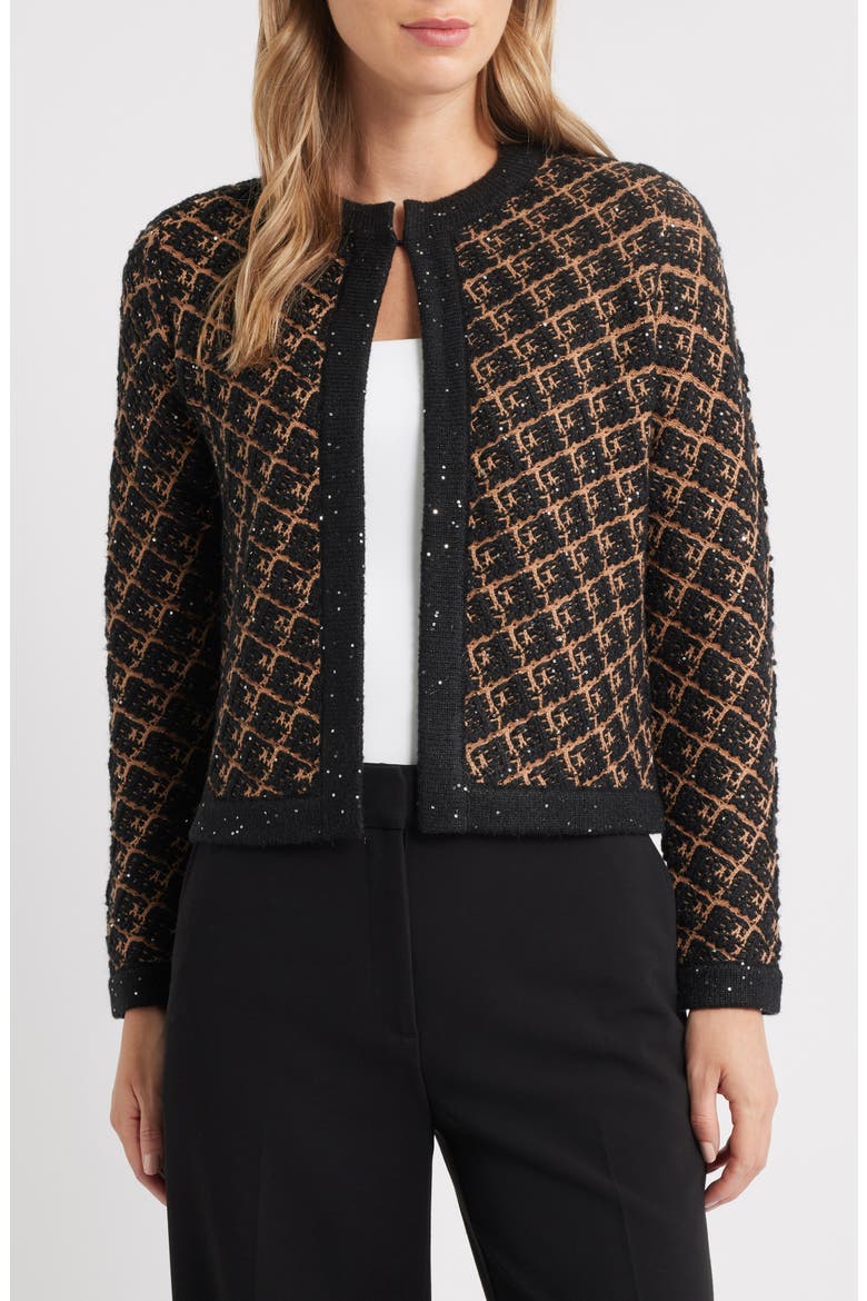 Kissing Plaid Sequin Cardigan, Alternate, color, ANNE BLACK/ VICUNA