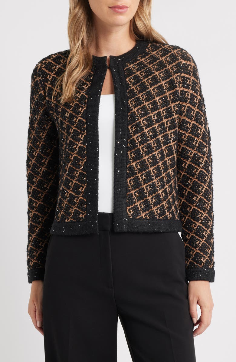 Anne Klein Kissing Plaid Sequin Cardigan, Alternate, color, Anne Black/ Vicuna