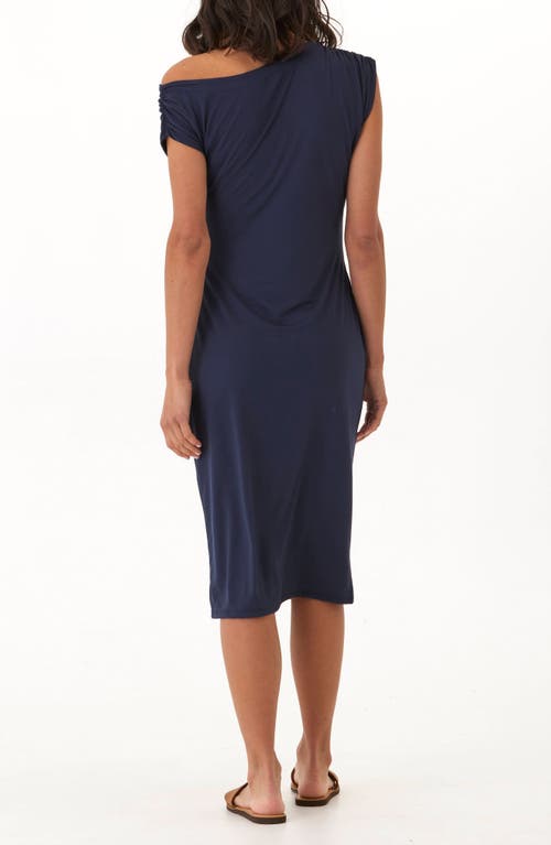 Threads 4 Thought Leoni Jers Ruched Off The Shoulder Midi Dress In Blue