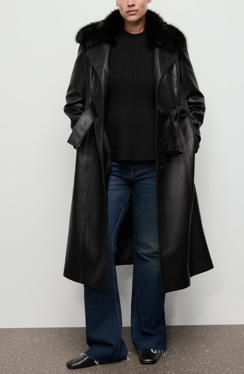 MANGO Fernanda Faux Leather Belted Coat with Removable Faux Fur Trim, Alternate, color, Black