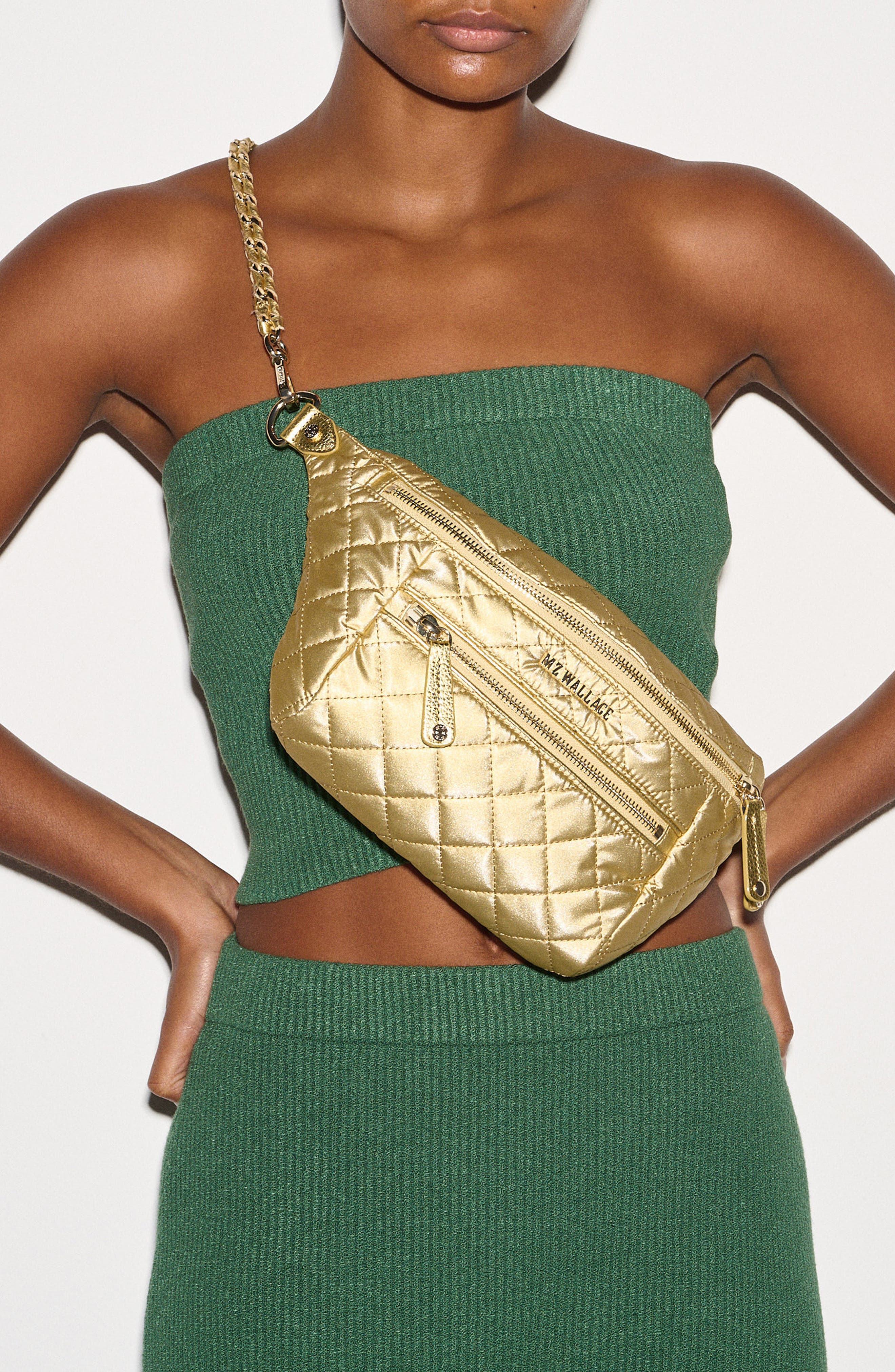 MZ Wallace Small Crosby Quilted Nylon Convertible Sling Bag, Alternate, color, Light Gold Pearl Metallic