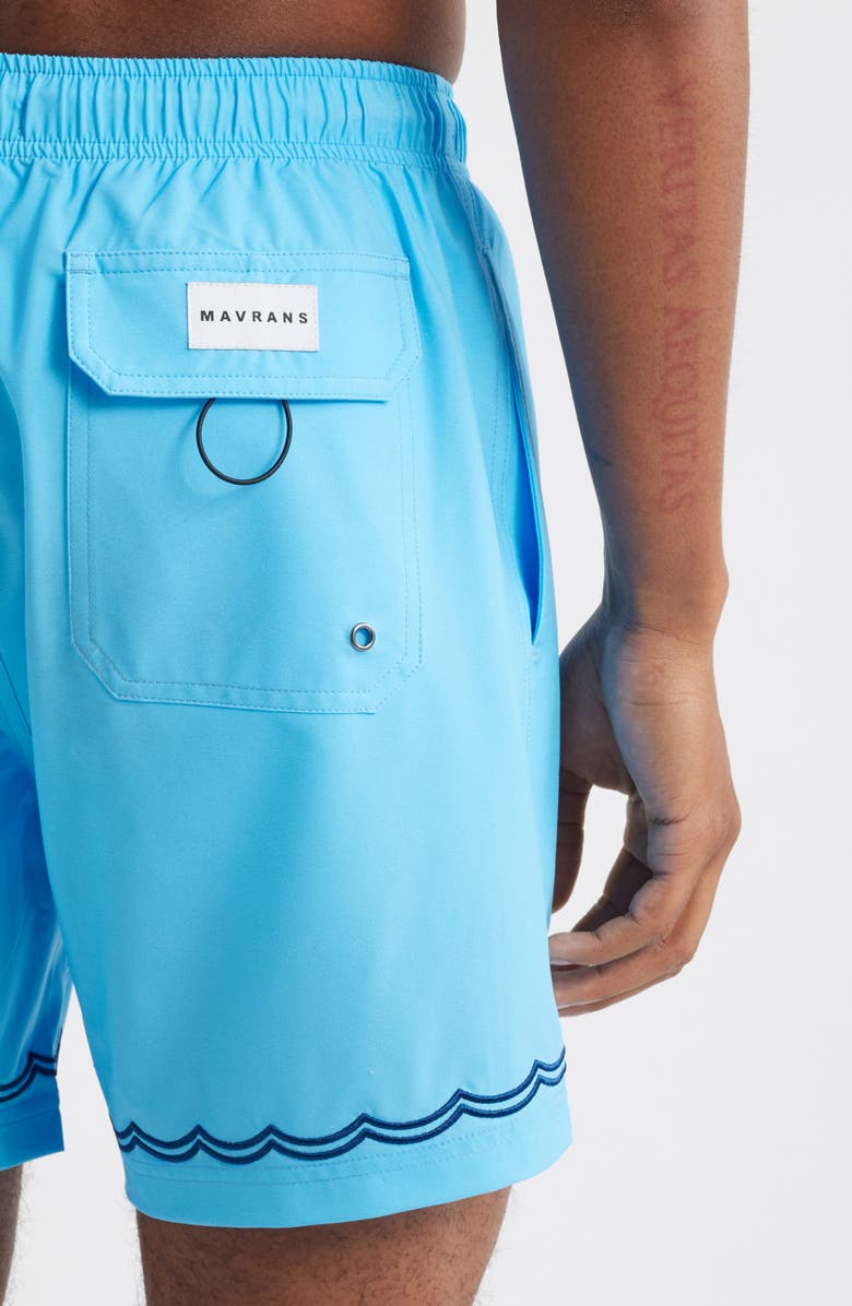 MAVRANS Wavy Stitch Embroidered Performance Swim Trunks, Alternate, color, Blue