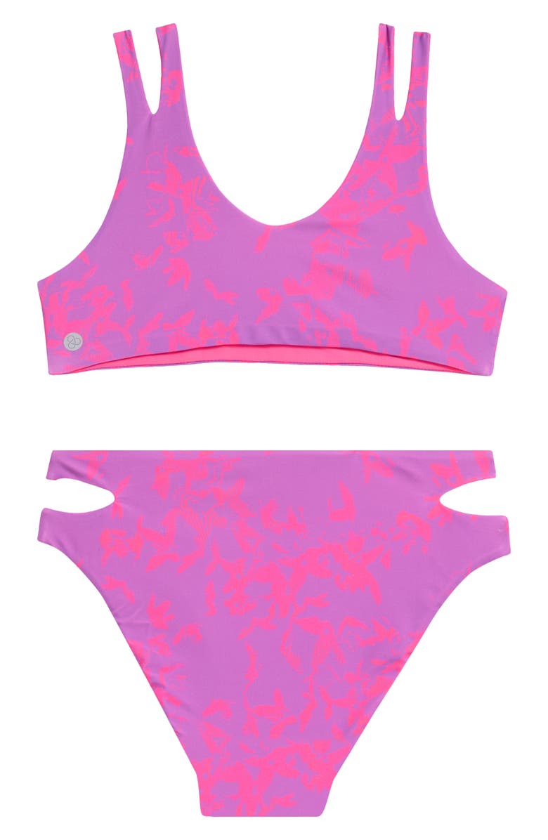 Zella Girl Kids' Suns Out Reversible Two-Piece Swimsuit, Alternate, color, Purple Iris Optic Petal