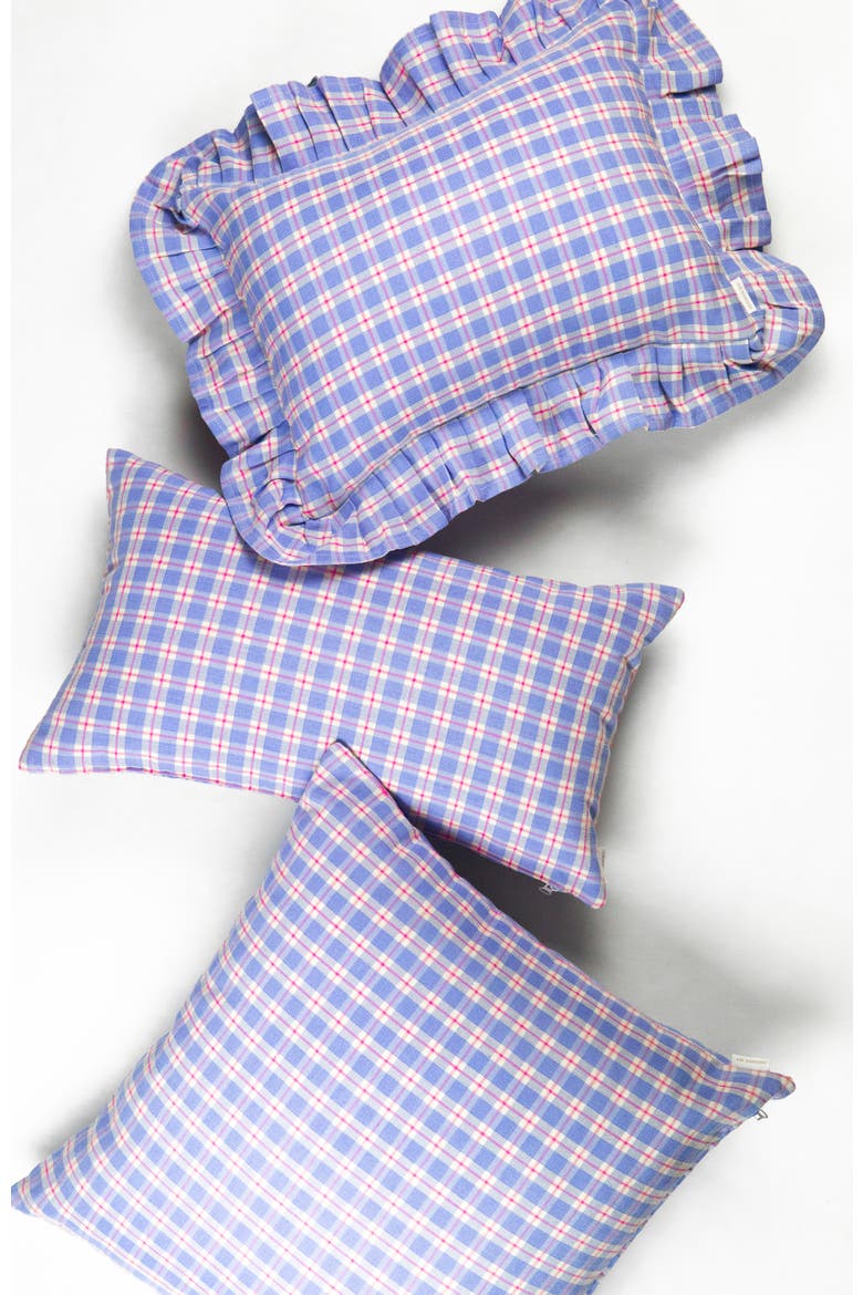 Handwoven Classic Gingham Ruffle Cotton Throw Pillow, Alternate, color, Blue