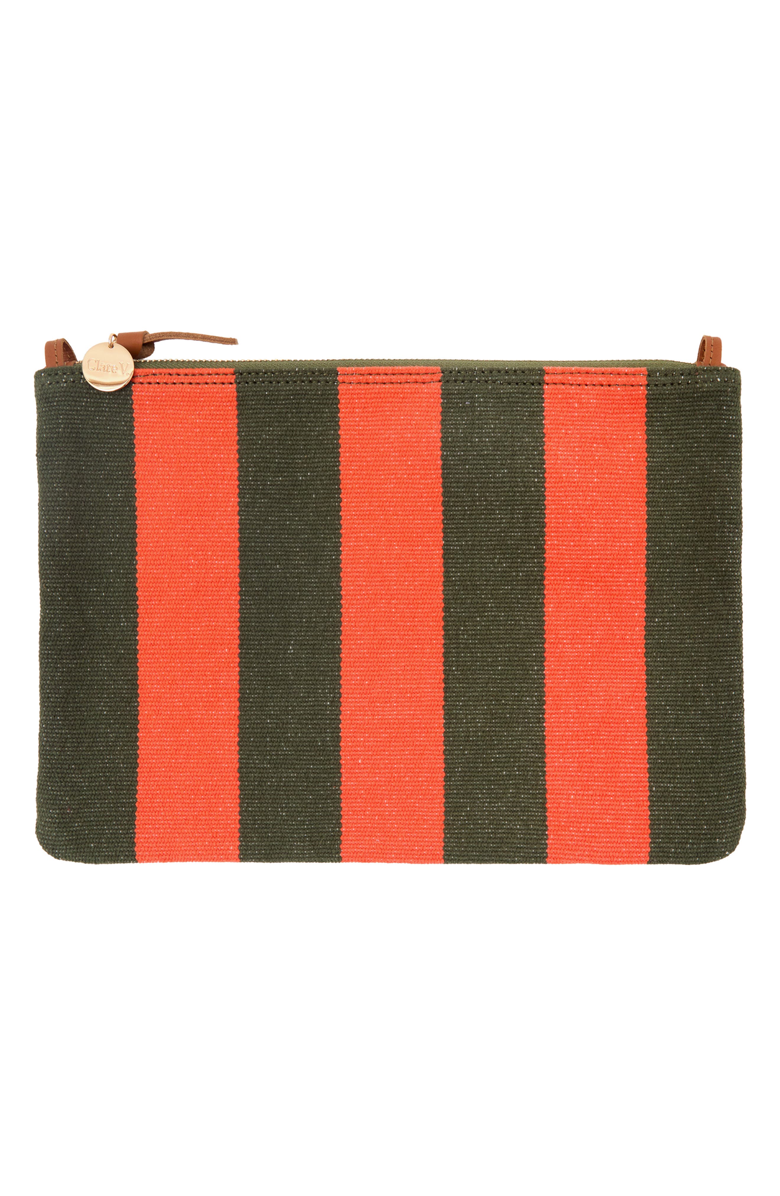Striped Canvas Flat Clutch, Main, color, ARMY/ BRIGHT POPPY