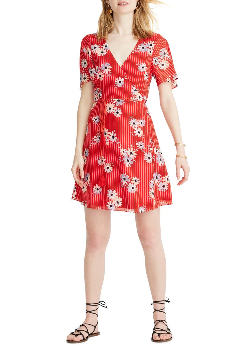 Daisy Society Button Faux Wrap Dress, Main, color, RETRO STRIPE LIPSTICK RED