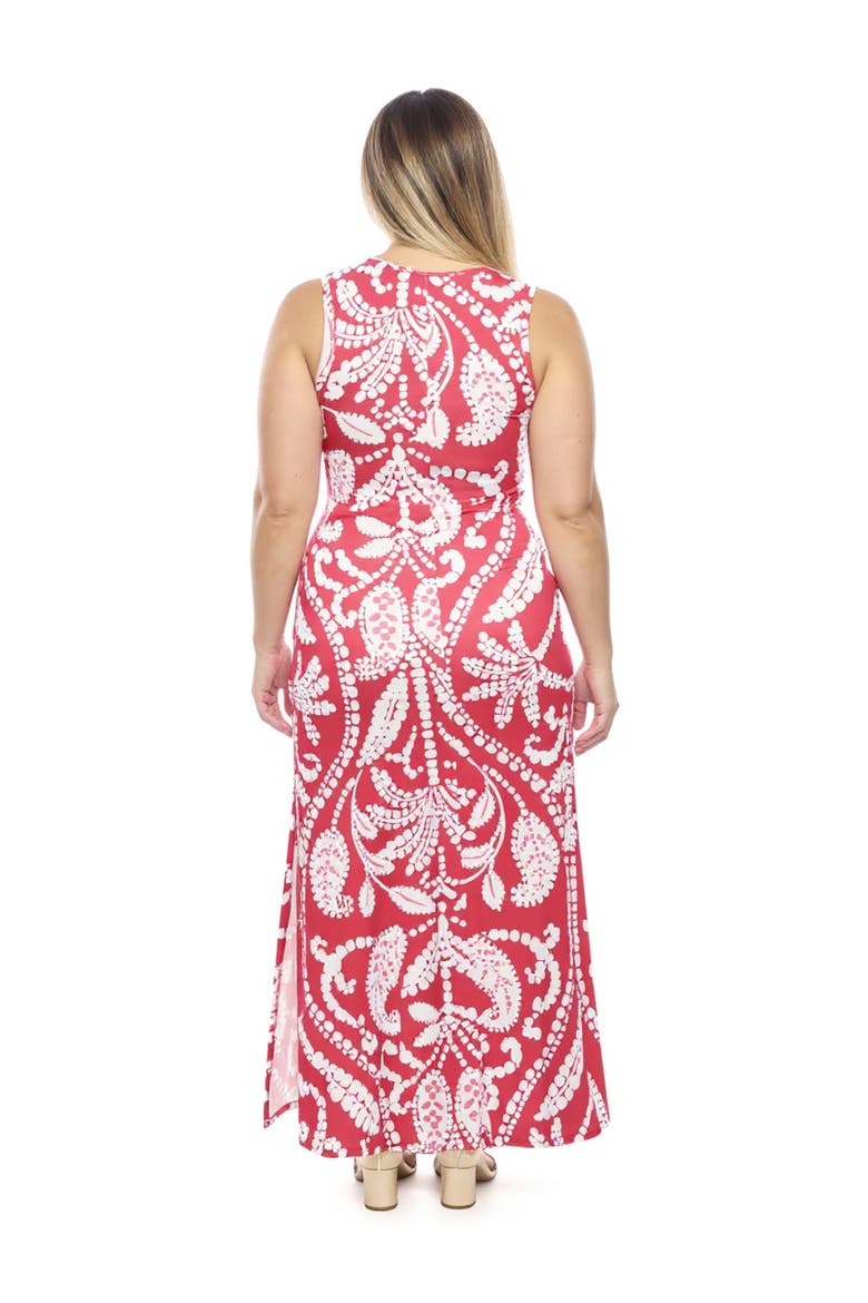Curvy Essential Paisley Sleeveless Round Neck Side Slit Bodycon A-Line Maxi Dress, Alternate, color, Red Multi