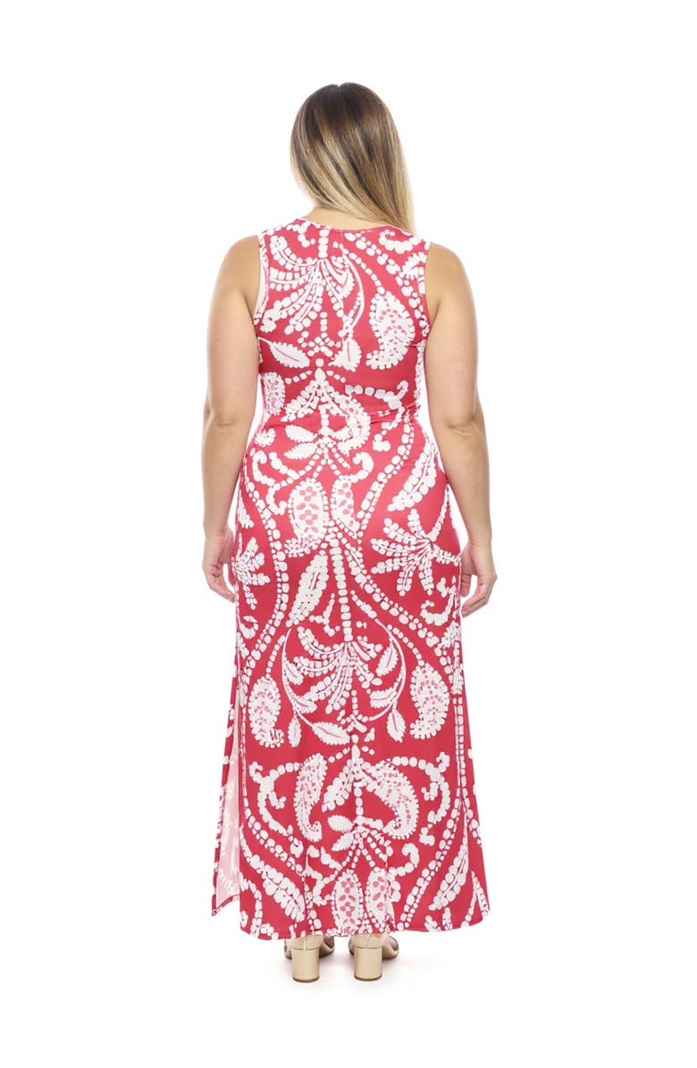 24seven Comfort Apparel Curvy Essential Paisley Sleeveless Round Neck Side Slit Bodycon A-Line Maxi Dress, Alternate, color, Red Multi