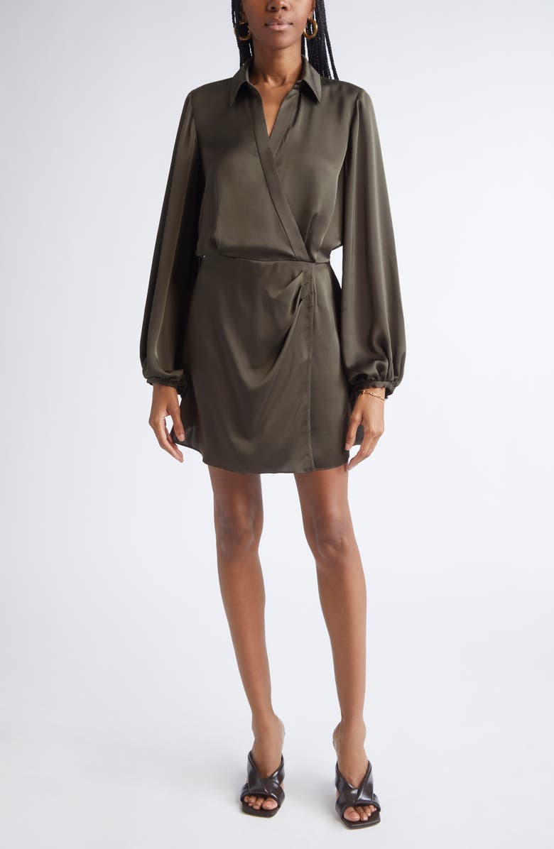 Ramy Brook Carolyn Wrap Front Long Sleeve Satin Dress, Main, color, Deep Olive
