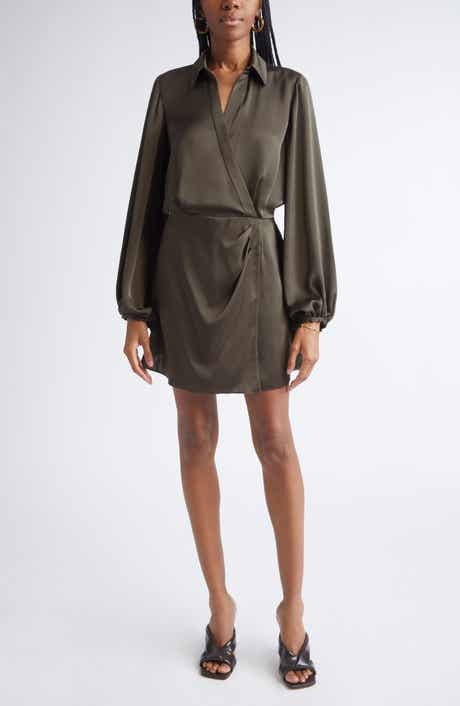 Ramy Brook Carolyn Wrap Front Long Sleeve Satin Dress