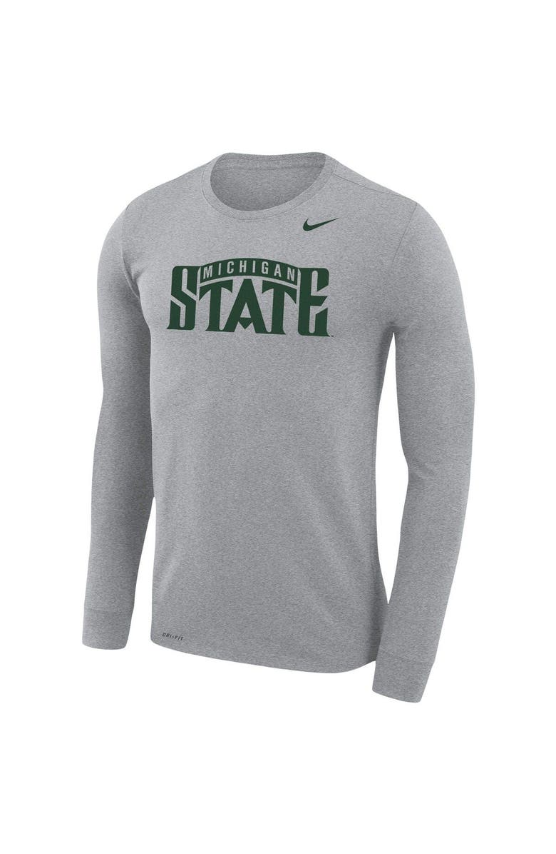 Nike Men's Nike Heathered Gray Michigan State Spartans School Wordmark Logo Performance Legend Long Sleeve T-Shirt, Alternate, color, Heather Gray