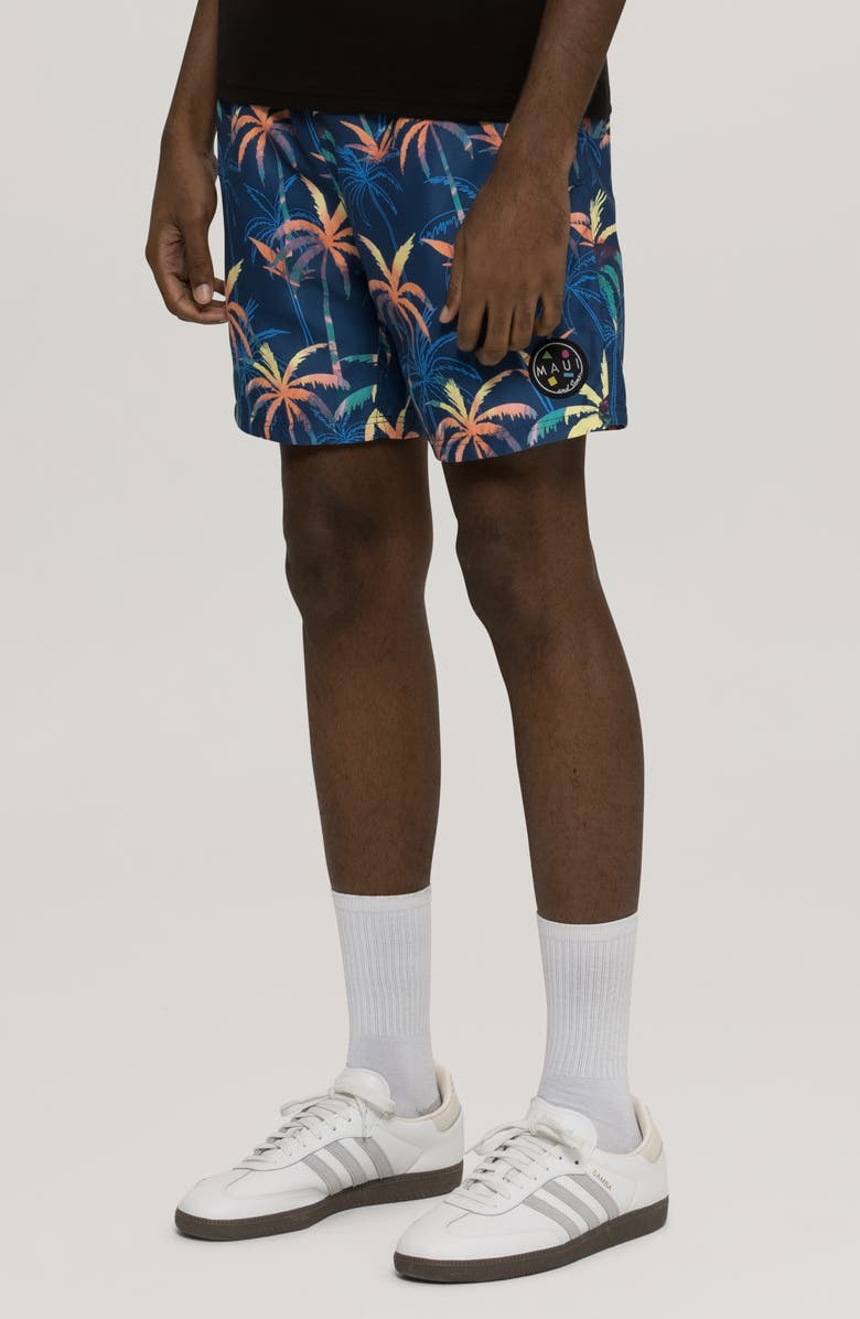 Maui & Sons Wilder Palm Tree Print Microfiber Swim Trunks, Alternate, color, Navy