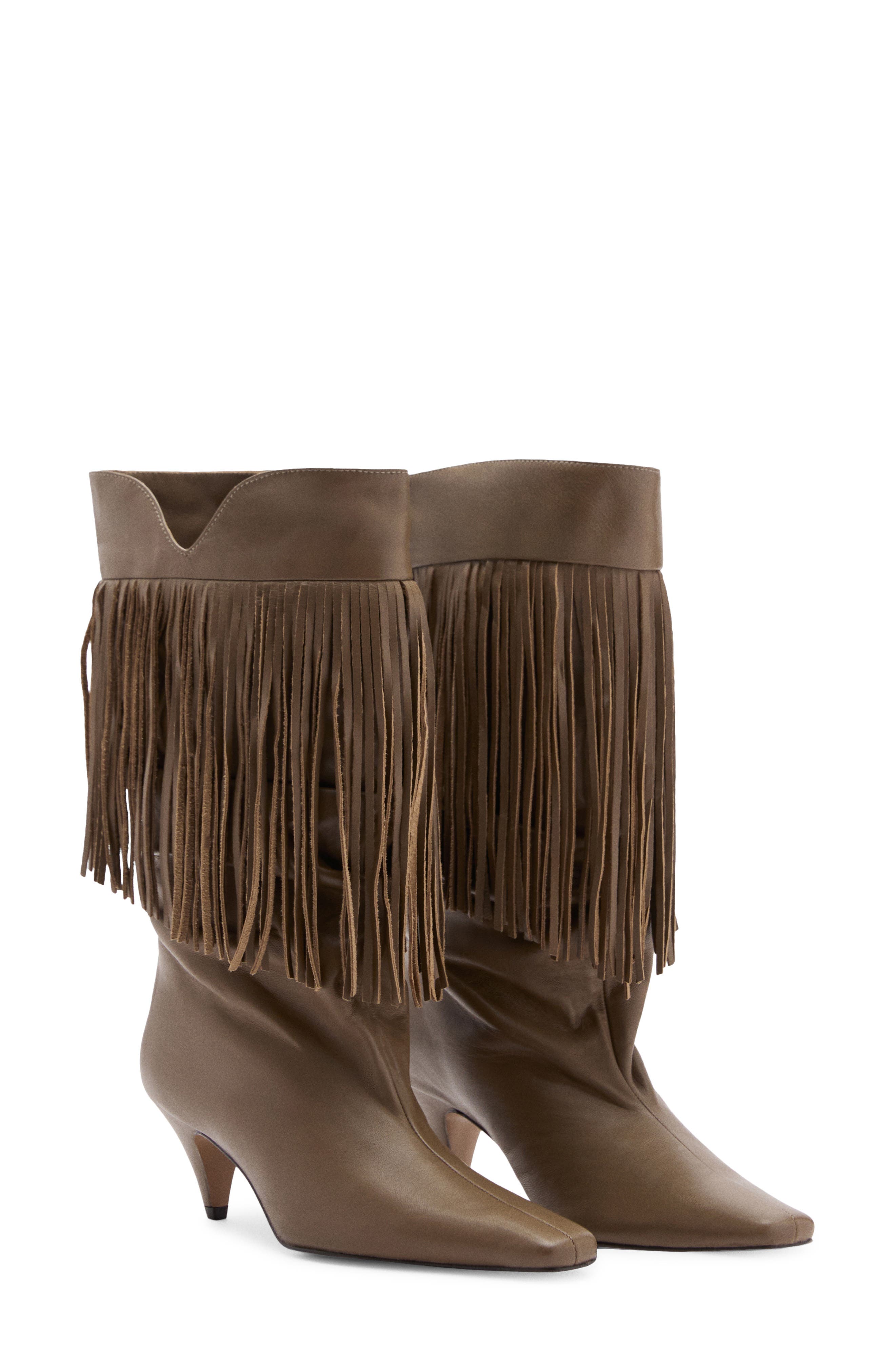 MANGO Fringe Kitten Heel Bootie, Main, color, Khaki Green