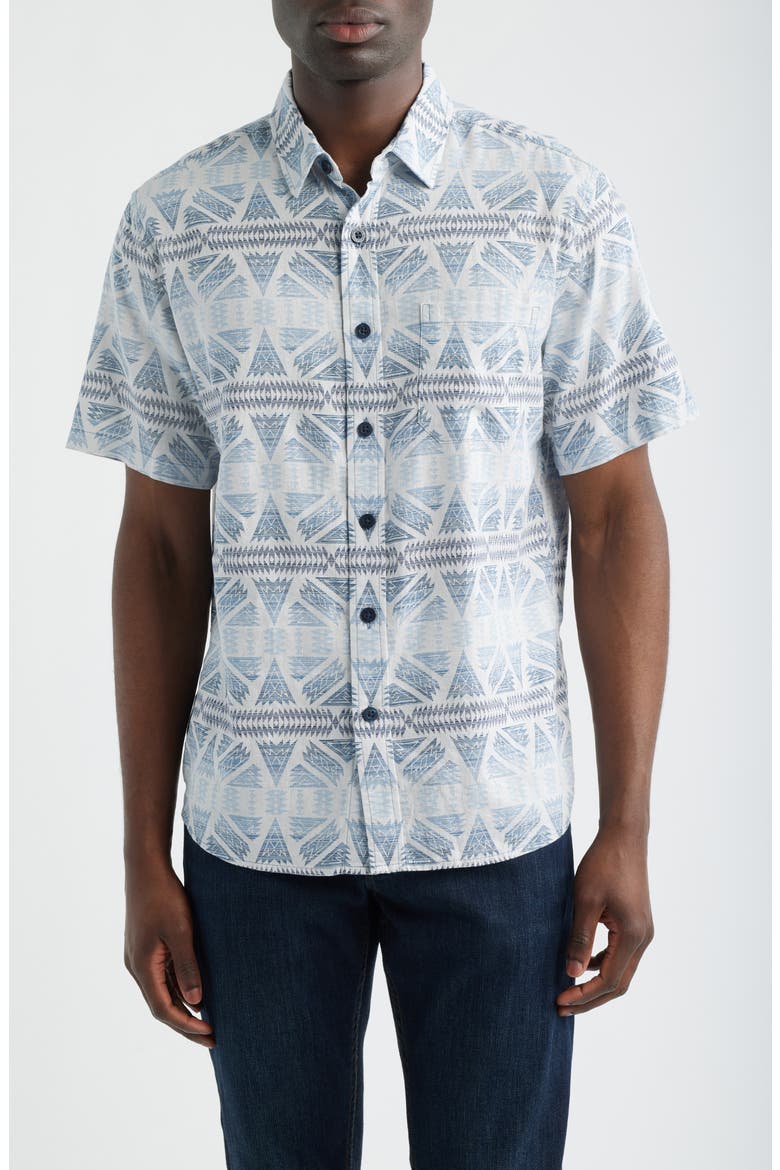 Dawson Print Short Sleeve Linen Blend Button-Up Shirt, Main, color, PONDEROSA GREY/ BLUE