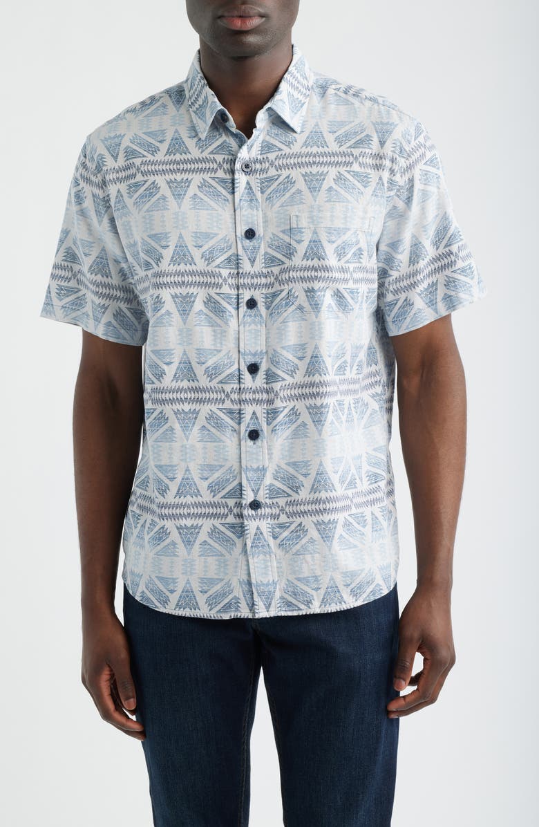 Pendleton Dawson Print Short Sleeve Linen Blend Button-Up Shirt, Main, color, Ponderosa Grey/ Blue
