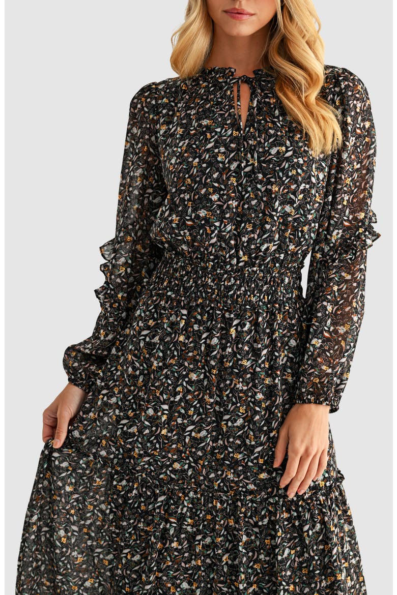 Floral Print Tie Neck Long Sleeve Maxi Dress, Alternate, color, BLACK FLORAL