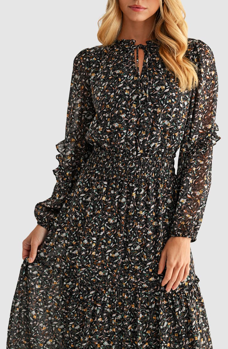 Mila Mae Floral Print Tie Neck Long Sleeve Maxi Dress, Alternate, color, Black Floral