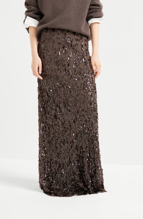 Brunello Cucinelli Long Skirt With Swing Drops Embroidery In Brown