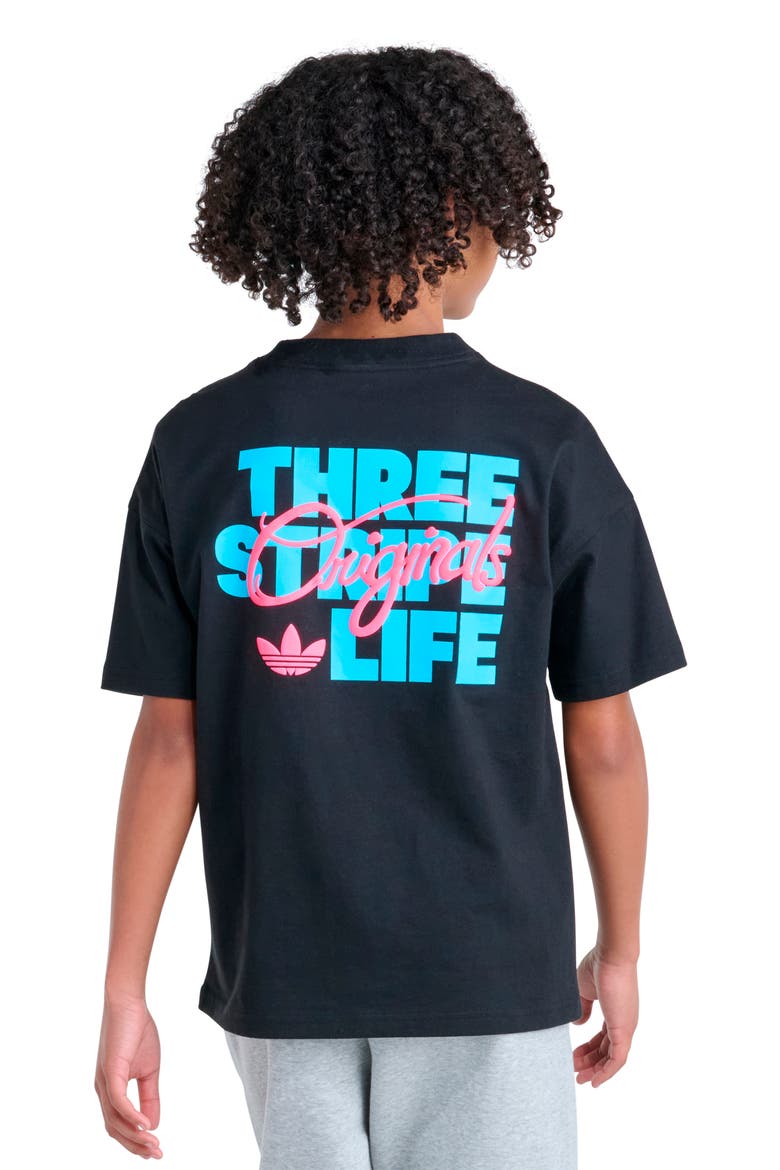 Kids' Three Stripe Life Graphic Tee, Alternate, color, BLACK/ PINK