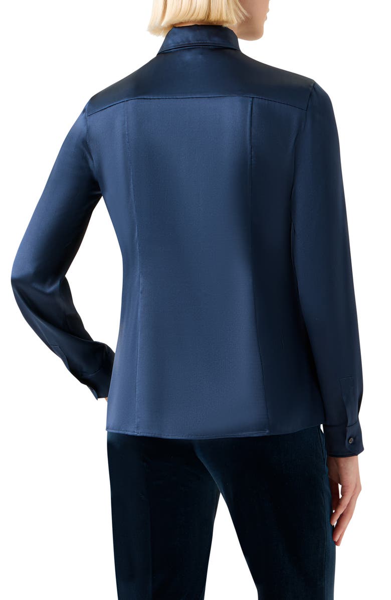 Akris Stretch Silk Satin Button-Up Shirt, Alternate, color, Denim Blue