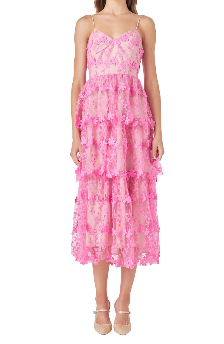 Endless Rose Floral Embroidered Tiered Lace Midi Dress, Alternate, color, Pink