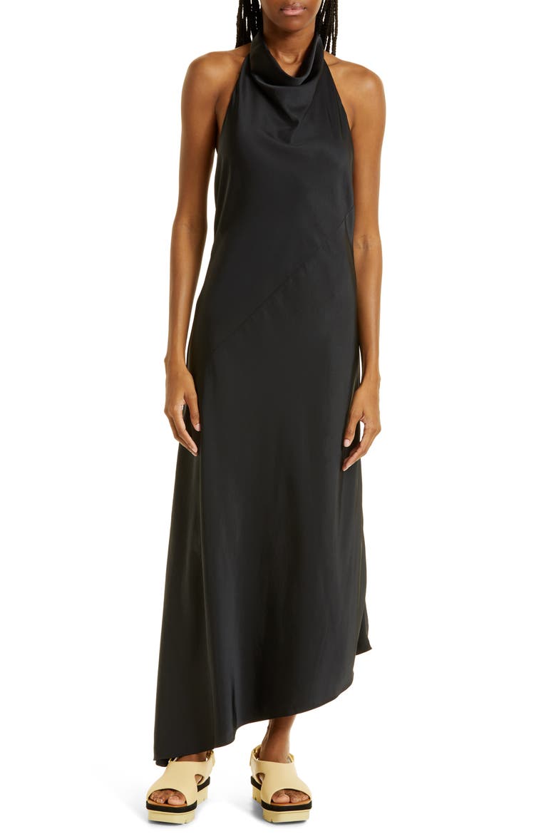 Clair Cowl Neck Asymmetric Satin Maxi Dress, Main, color, BLACK