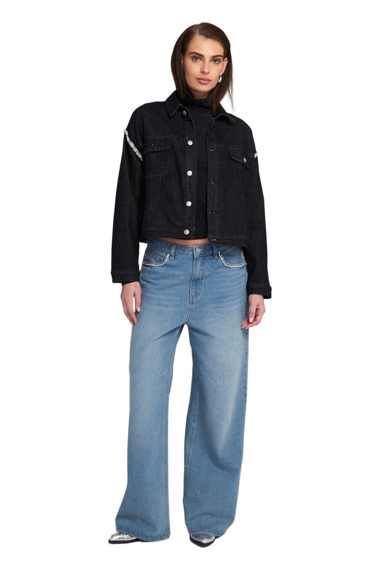 Rhinestone Trim Denim Jacket, Main, color, Black