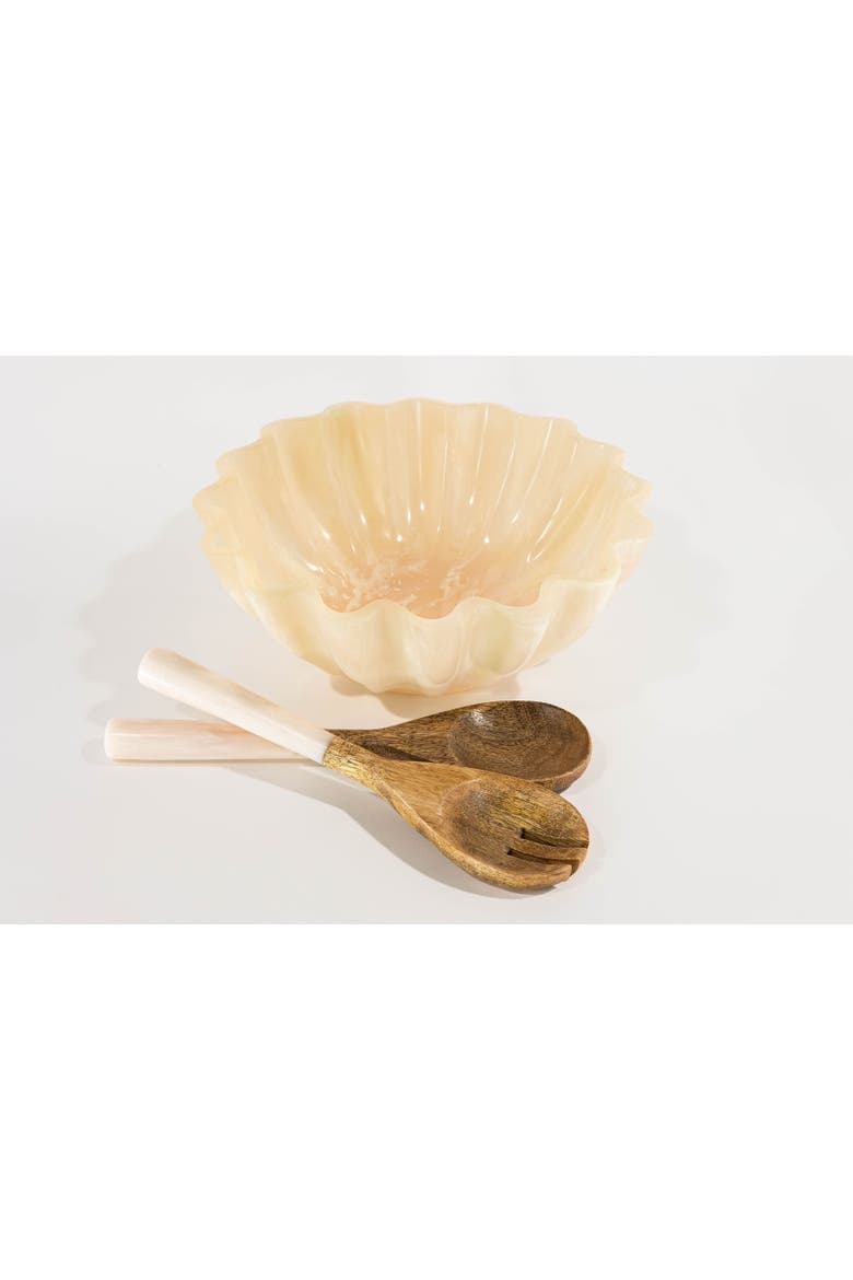 Resin Serving Bowl - Marbled Cream Scalloped Decorative Bowl, Shatterproof 11-Inch Fruit & Centerpiece Bowl for Indoor & Outdoor Luxury Entertaining, Alternate, color, Cream