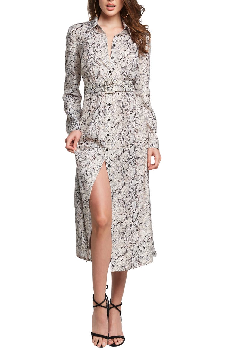Snake Print Long Sleeve Belted Midi Shirtdress, Main, color, NUDE SNAKE