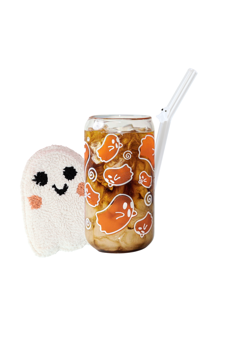 Color-Changing Ghostie Glass Cup Mug Rug & Straw Bundle, Main, color, White/Orange (Color-Changing)