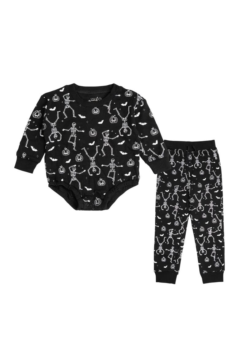 Glow In The Dark Silly Skelly Halloween Long Sleeve Romper & Jogger Set, Main, color, Black