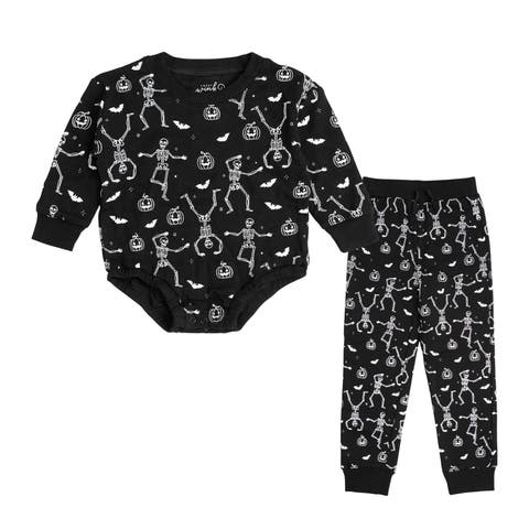 Glow In The Dark Silly Skelly Halloween Long Sleeve Romper & Jogger Set