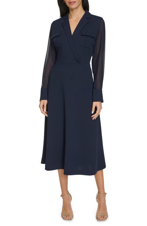 Long Sleeve Mixed Media A-Line Midi Dress