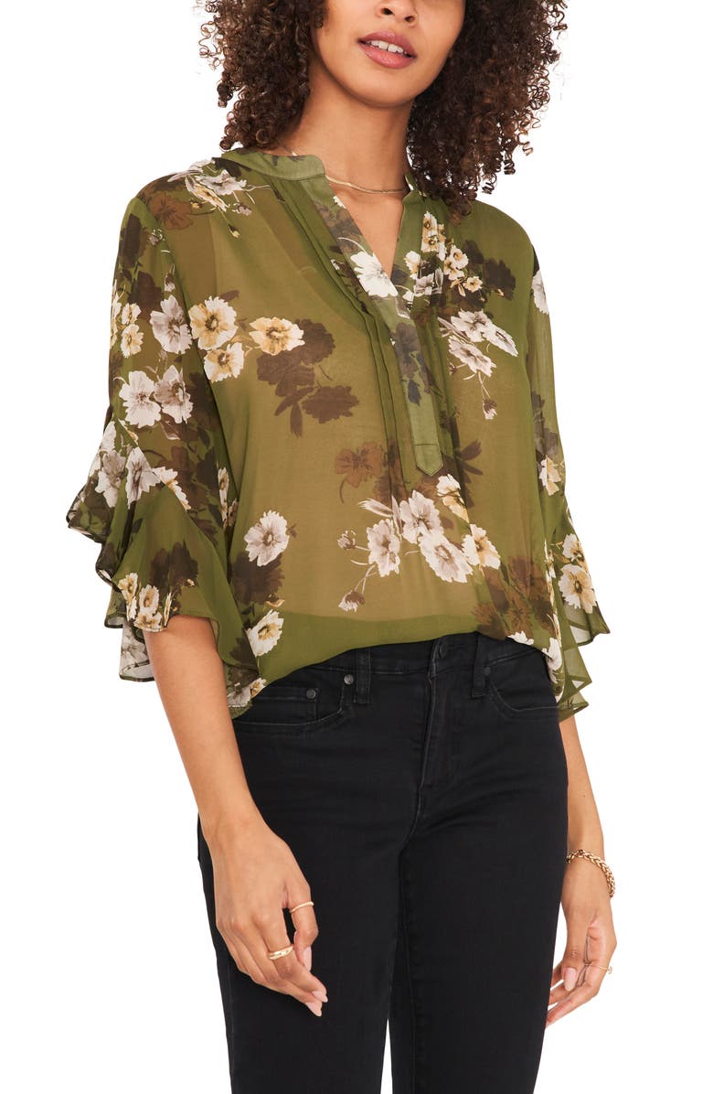 Vince Camuto Floral Print Flutter Sleeve Chiffon Blouse, Main, color, 