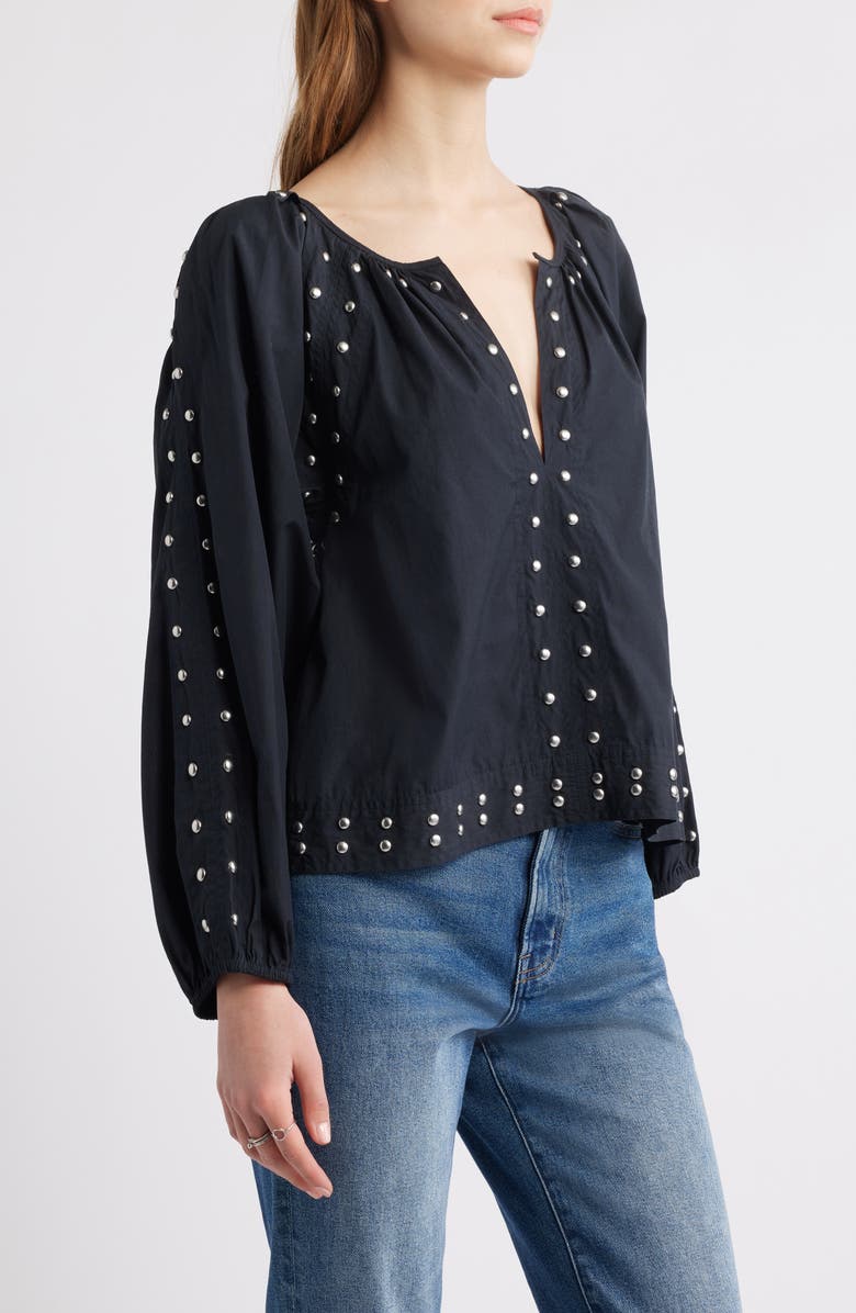 THE GREAT. The Bodega Studded Cotton Poplin Top, Alternate, color, Black