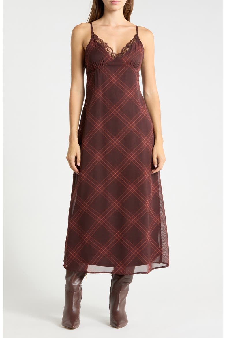 Lace Trim Plaid Midi Dress, Main, color, BROWN RUST