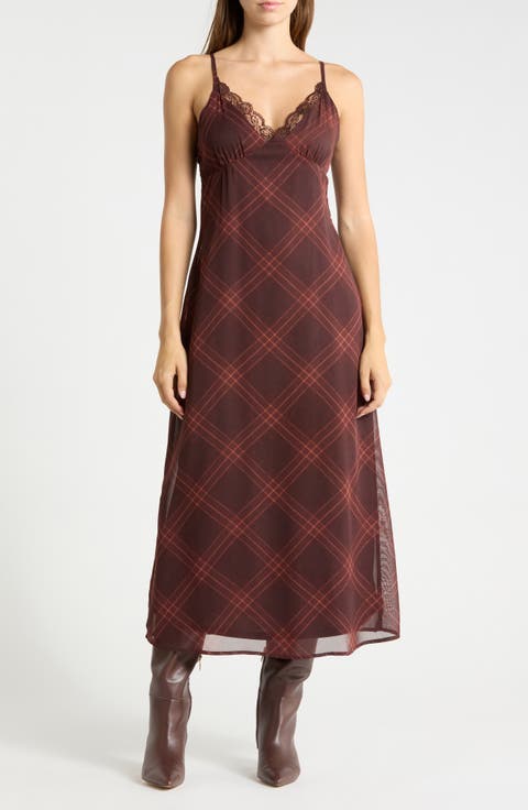 Lace Trim Plaid Midi Dress