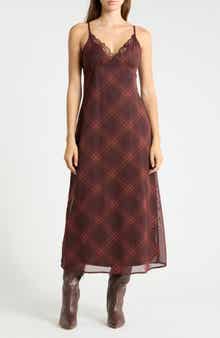 Lace Trim Plaid Midi Dress