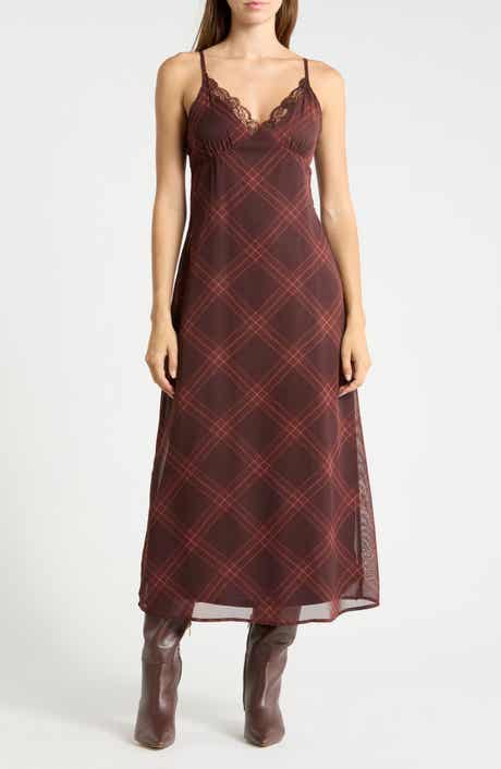 Lace Trim Plaid Midi Dress