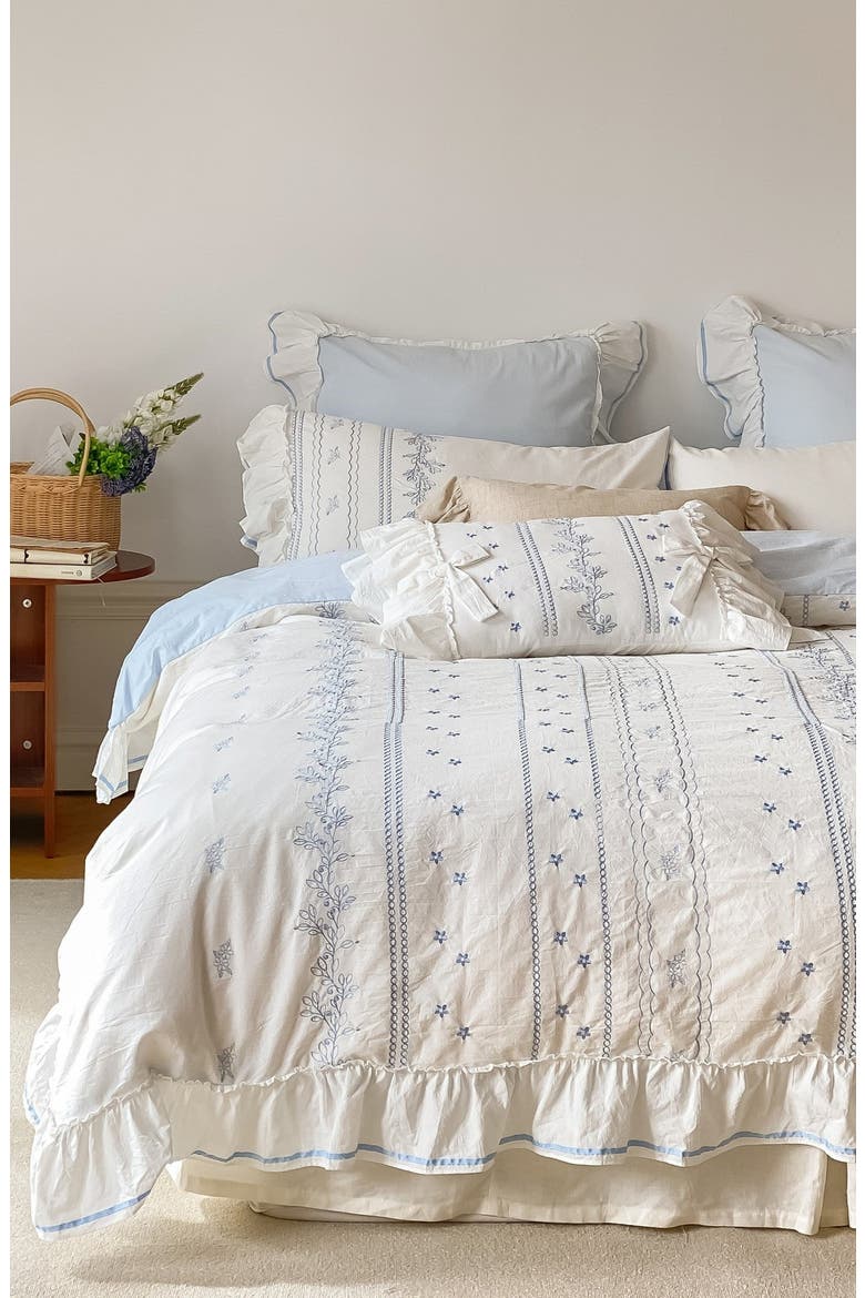Embroidered French Lace Ruffle Bedding Set, Alternate, color, Blue / Fitted