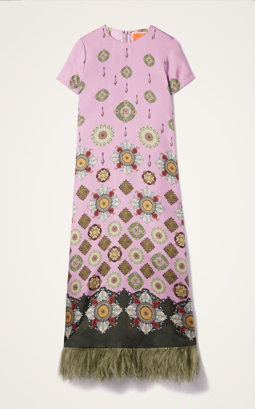 La Doublej Swing Feather-trimmed Printed Silk-twill Maxi Dress In Pink