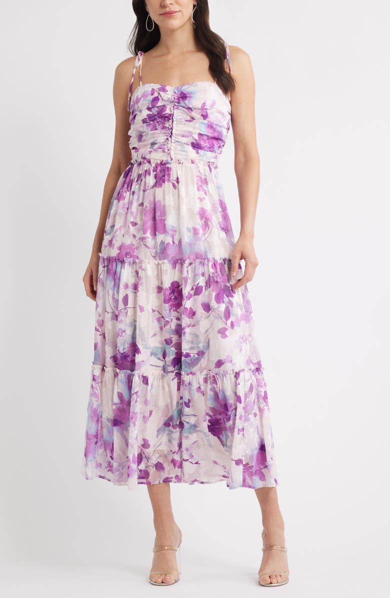 Chelsea28 Ruched Metallic Maxi Dress, Main, color, Pastel Watercolor Floral