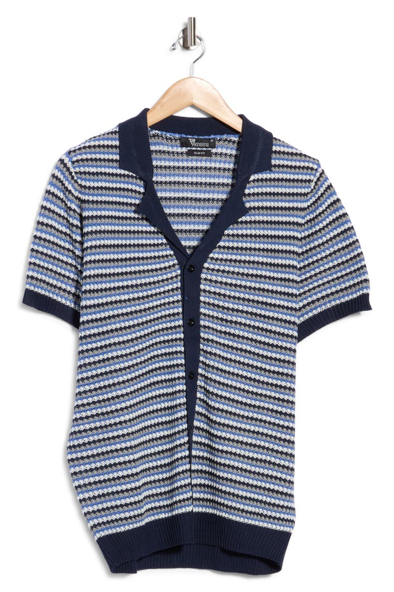 Striped Button-Front Knit Polo, Main, color, NAVY